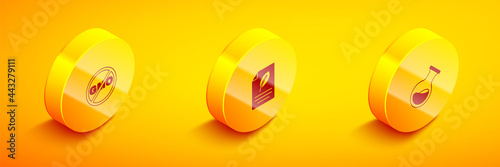 Set Isometric No GMO, Eco paper with leaf and Test tube and flask icon. Vector