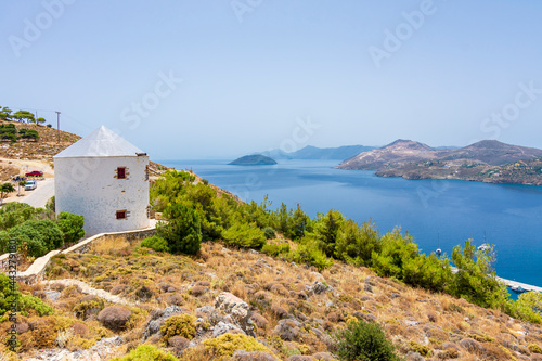 Leros Island windmills view in Greece