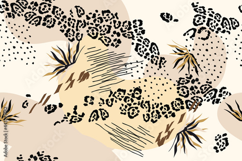  Modern exotic pattern with leopard skin. Tropical backdrop.Creative seamless pattern. Fashionable template for design.