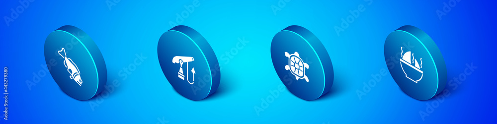 Set Isometric Fish, Turtle, Shark fin soup and Fishing harpoon icon. Vector Set Isometric Fish, Turtle, Shark fin soup and Fishing harpoon icon. Vector
