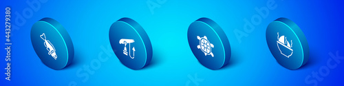 Set Isometric Fish, Turtle, Shark fin soup and Fishing harpoon icon. Vector