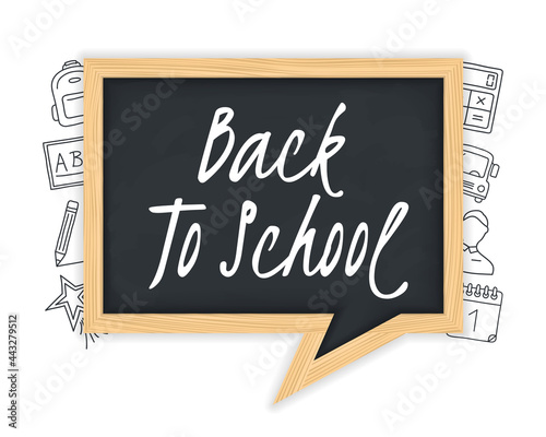 Back to school text on blackboard with hand drawn icons around it