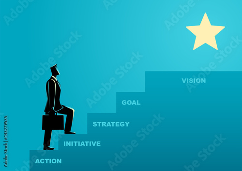 Businessman steps on stairs to success