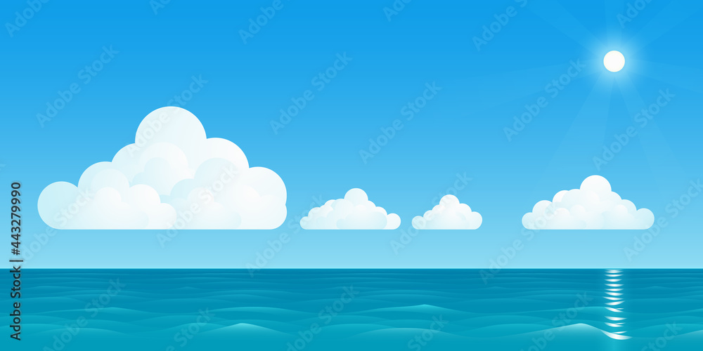 Vector illustration of a warm seascape with white clouds, and the bright sun with rays. Vector illustration of a warm seascape with white clouds, and the bright sun with rays.