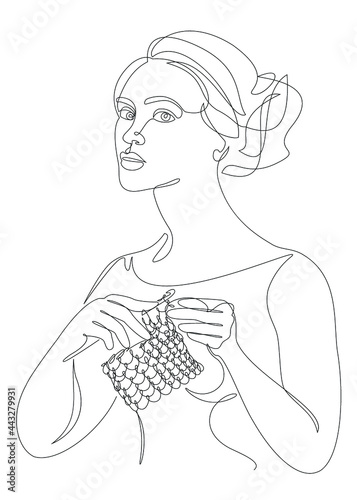 Silhouettes of the girl, she knits with threads. Woman's hands in modern trendy style with one line. Solid line, outline for decor, posters, stickers, logo. Vector illustration.