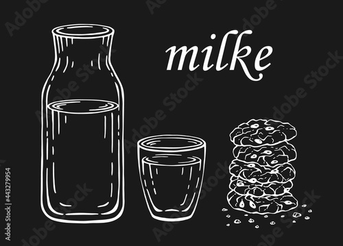 Bottle and glass of milk or water and oatmeal cookies isolated on white background. Hand drawn black and white vector illustration.