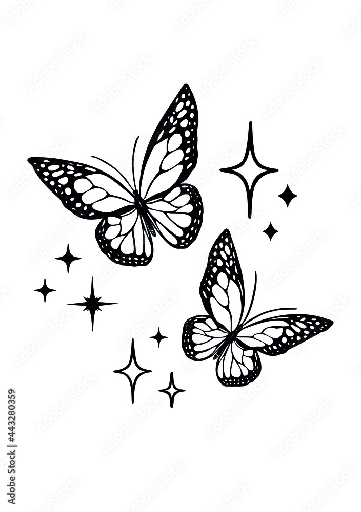 Vector butterfly outline silhouette black tattoo drawing illustration,  bright shining stencil isolated  flying  laser   shirt print  wall sticker decal. Stock Vector | Adobe  Stock