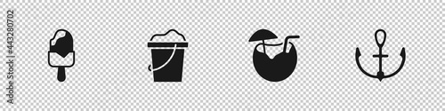 Set Ice cream, Sand in bucket, Coconut cocktail and Anchor icon. Vector