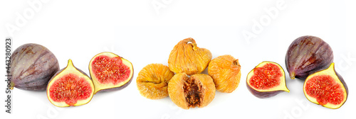Fototapeta Naklejka Na Ścianę i Meble -  Fresh and dried figs isolated on white. collage. Wide photo.
