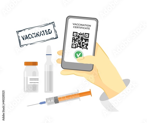Hand holds a phone with a qr code on the monitor screen. Concept of vaccination during a pandemic. Immune passport. Vaccination certificate. Stamp vaccinated. Cartoon vector illustration