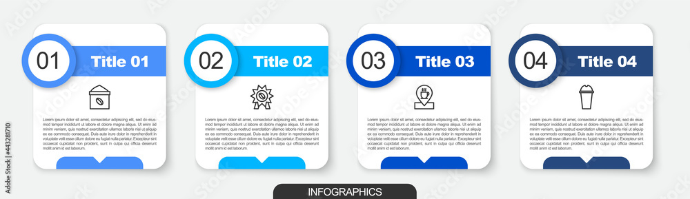 Set line Bag of coffee beans, Medal for, Location with cup and Milkshake. Business infographic template. Vector Set line Bag of coffee beans, Medal for, Location with cup and Milkshake. Business infographic template. Vector