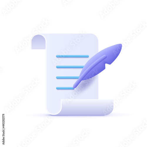 Copywriting, writing icon. Document and feather pen. Creative writing and storytelling, education concept. Writing education concept. 3d vector illustration.