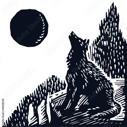 Wolf howls at the moon illustration. A lone wolf howls at the full moon. Night with a full moon illustration