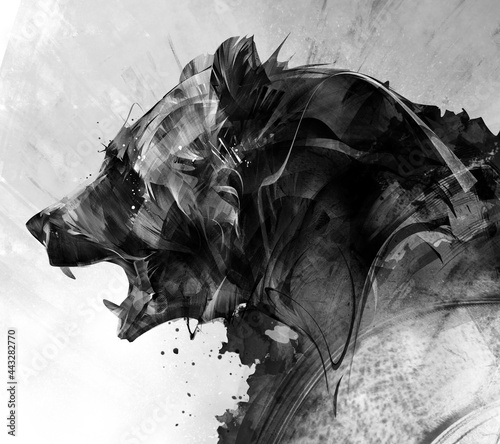 Fotografie, Obraz painted portrait of a beast bear in monochrome