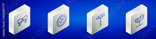Set Isometric line Glass of cognac or brandy, Alcohol 21 plus, Wine corkscrew and Cocktail icon. Vector