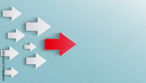 Leadership success business concept paper arrows fly over blue background. New idea, courage, new thinking, creative decision. Lead arrow stand out of other arrow follower - stock vector