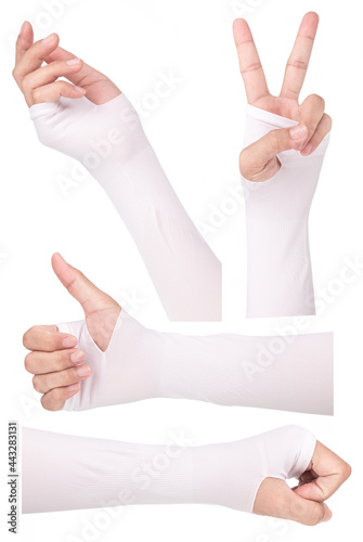 Set of hand wearing UV Protection Arm Sleeve isolated on white background. photo