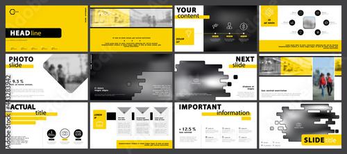 Business presentation template, yellow and black infographic elements set on white background. Walking people in the city. Vector slide, business project powerpoint, and marketing. Annual report, SEO