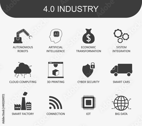 Industry 4.0 black and white icons set. industrial revolution 4.0 vector set icons