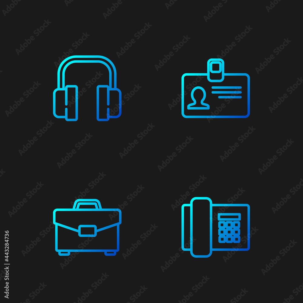 Set line Telephone, Briefcase, Headphones and Identification badge. Gradient color icons. Vector