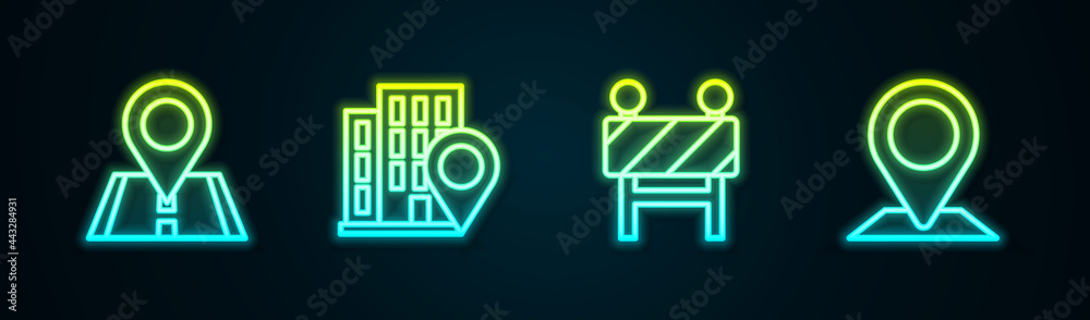 Set line Location, with house, Road barrier and . Glowing neon icon. Vector