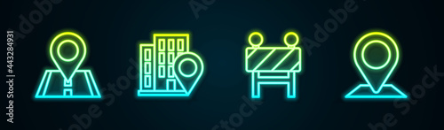 Set line Location, with house, Road barrier and . Glowing neon icon. Vector