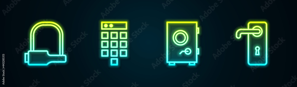 Set line Bicycle lock, Password protection, Safe and Door handle. Glowing neon icon. Vector Set line Bicycle lock, Password protection, Safe and Door handle. Glowing neon icon. Vector