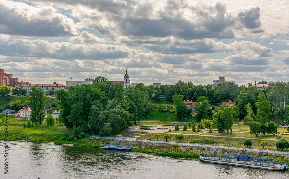 View of the Neman River in the city of Grodno from the high bank of the fortress.