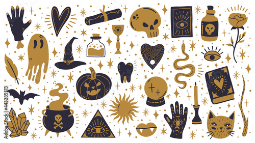 Witch halloween symbols. Doodle witchcraft spooky elements, magic cauldron, skull and pumpkin vector illustration set. Spooky halloween witchcraft icons
