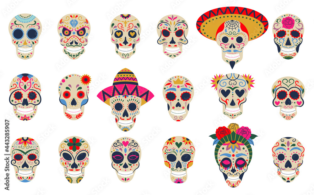 Dia de los muertos skulls. Day of the dead festival skulls, floral sugar human head bones vector symbols set. Mexican death holiday decoration