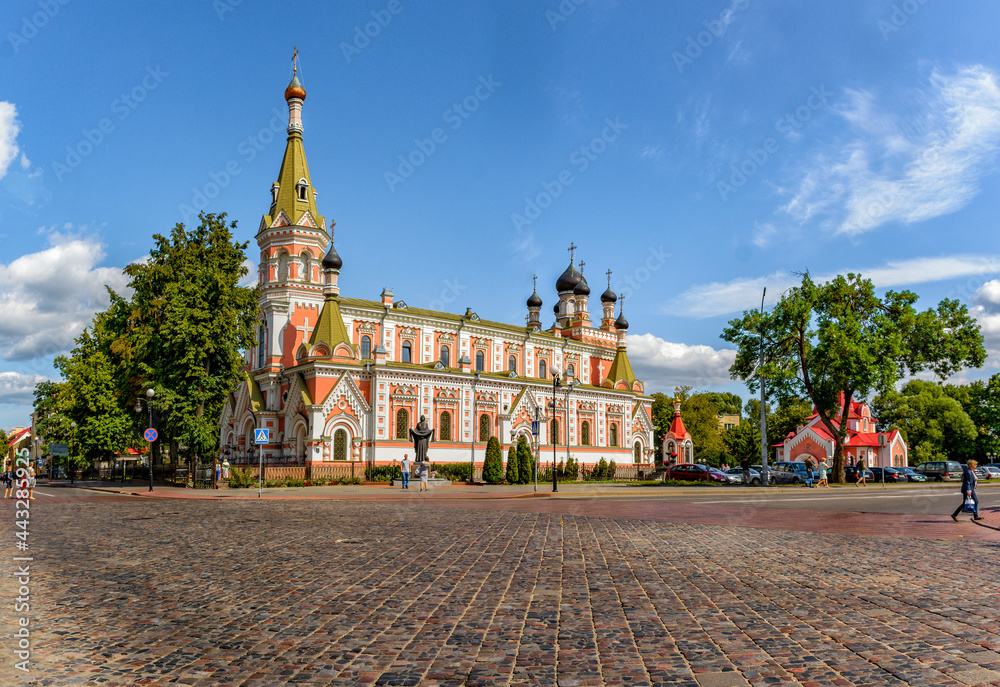 Ozheshko str., 23, Grodno, Belarus. 04 August 2019. Pokrovsky Cathedral, Built of brick in 1904-1905 by architect M. M. Prozorov.