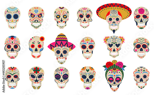 Dia de los muertos skulls. Day of the dead festival skulls, floral sugar human head bones vector symbols set. Mexican death holiday decoration