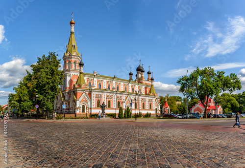 Ozheshko str., 23, Grodno, Belarus. 04 August 2019. Pokrovsky Cathedral, Built of brick in 1904-1905 by architect M. M. Prozorov.