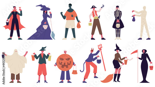 Halloween characters. People in halloween costumes, witch, ghost and mummy costumes for carnival party vector illustration set. Halloween spooky outfits