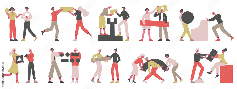 Teamwork business concept. People with abstract geometric shapes, business coworkers collecting figures vector illustration set. Partnership and teamwork concept