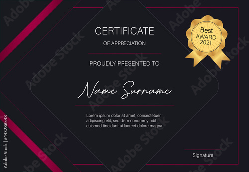 Certificate dark background and dark red colors shapes