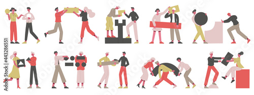 Teamwork business concept. People with abstract geometric shapes  business coworkers collecting figures vector illustration set. Partnership and teamwork concept