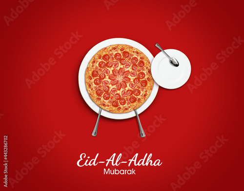 Eid al Adha Mubarak greeting card with for restaurant or pizza brand. Traditional Muslim holiday. Eid al Adha Mubarak pizza concept background photo