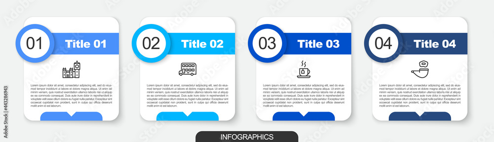 Set line Big Ben tower, Double decker bus, Cup of tea with tea bag and Smoking pipe. Business infographic template. Vector Set line Big Ben tower, Double decker bus, Cup of tea with tea bag and Smoking pipe. Business infographic template. Vector