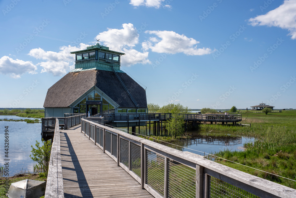 Hornborgasjon Bird watching visitor centre with wooden boardwalk in the lake or Marshlands, Vastra Gotaland, Sweden. Hornborgasjon Bird watching visitor centre with wooden boardwalk in the lake or Marshlands, Vastra Gotaland, Sweden.