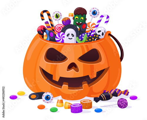 Halloween pumpkin with candies. Cartoon sweets pumpkin basket, lollipops, jelly treats and candy cane vector illustration. Pumpkin trick or treat bag