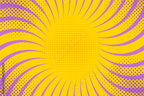 Yellow and purple spiral pop art background design. Vector.