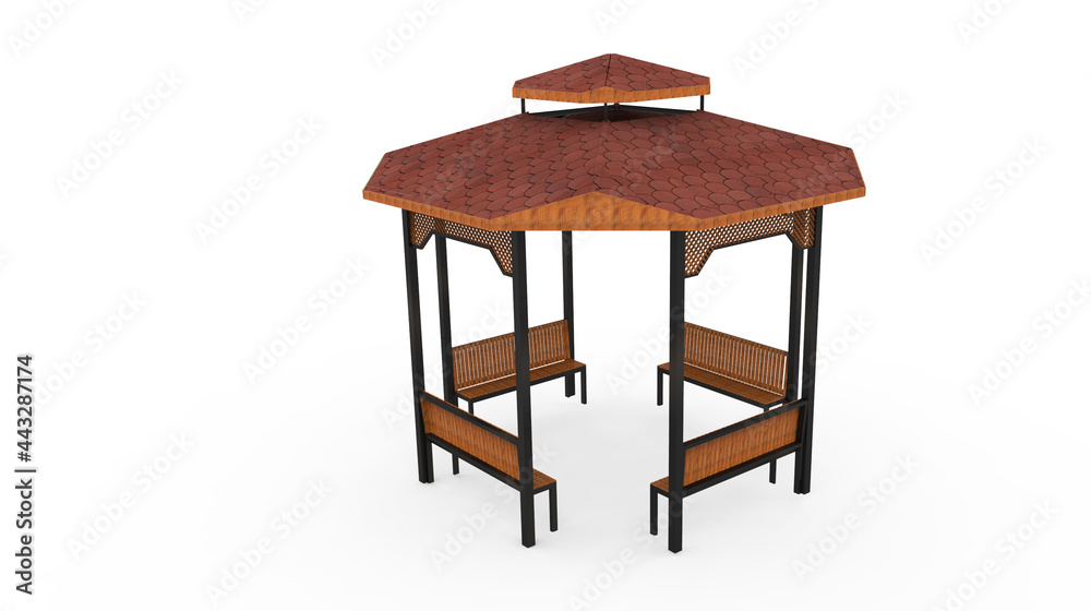 3d realistic a wooden Roofed garden Bench, square camellia on white background 3d realistic a wooden Roofed garden Bench, square camellia on white background