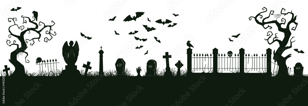 Halloween nightmare landscape. Cartoon spooky halloween cemetery landscape vector background illustration. Creepy halloween graveyard view silhouette