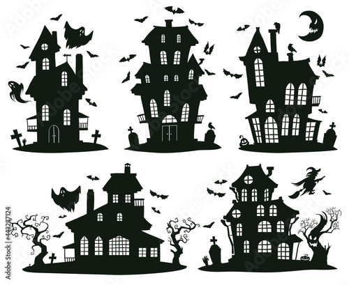 Halloween haunted houses. Cartoon spooky halloween ghost castles, monsters houses isolated vector symbols set. Creepy halloween haunted houses