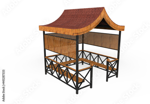 3d realistic a wooden Roofed garden Bench, triangle roof camellia on white background © emre