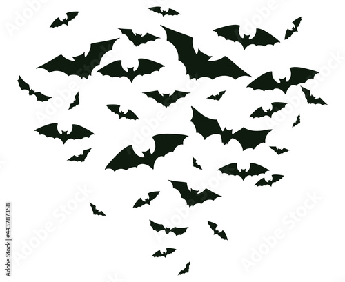 Halloween flying bats. Spooky bats flock  creepy horror vampire winged animal vector background illustration. Scary halloween bats