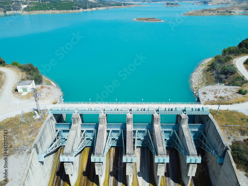Aerial view of water reservoir and closed reservoir locks of a dam. Berdan dam, Tarsus, Mersin province, Turkey