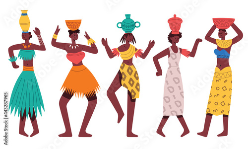 Dancing African aboriginal women. Female African characters dancing tribal dance isolated cartoon vector illustration. African black tribal women dancers