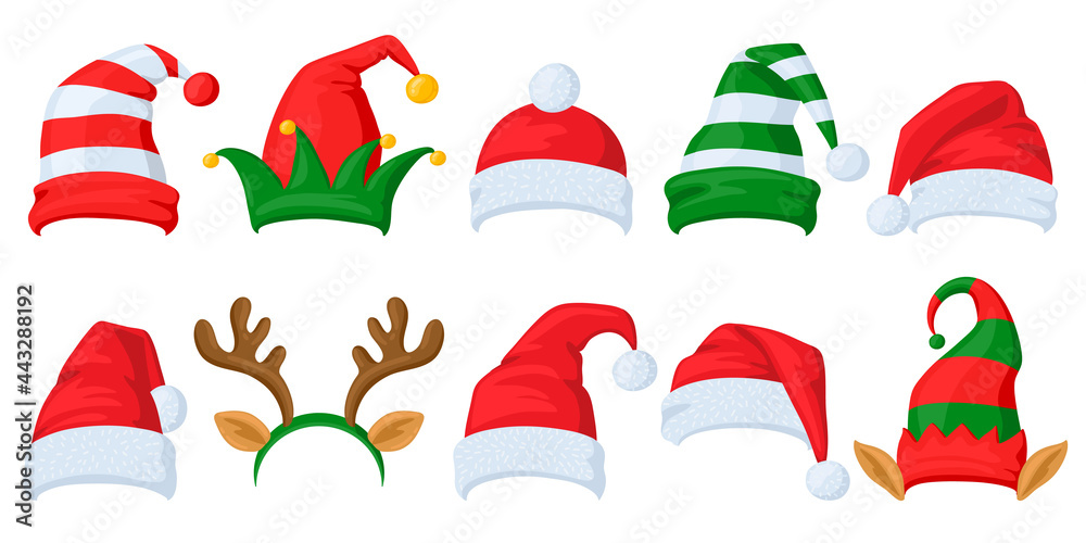 Christmas celebration hats. Cartoon Santa Claus, elf and reindeer horns masquerade hats vector illustration set. Xmas holiday celebration hats - obrazy, fototapety, plakaty 